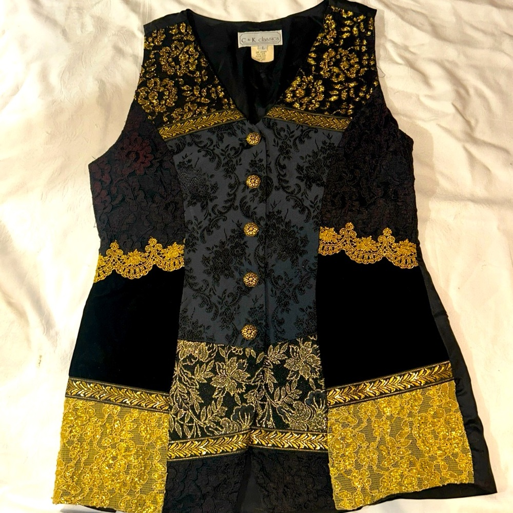 C & K Classics Vest Womens L Black Gold Embellished Patchwork Holiday Festive